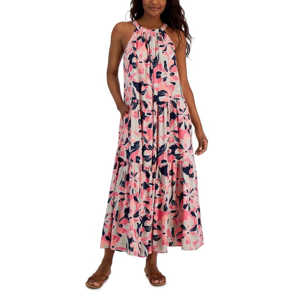 Tommy Hilfiger Floral Halter Maxi Dress Pink Blue L Boho Vacation Tropical